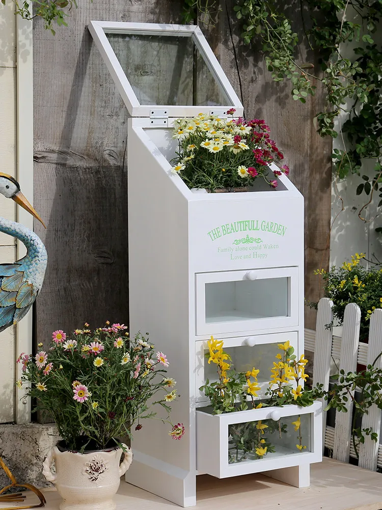 Wood and glass flower room chest, pastoral American decorative storage side cabinet, white drawer type storage cabinet
