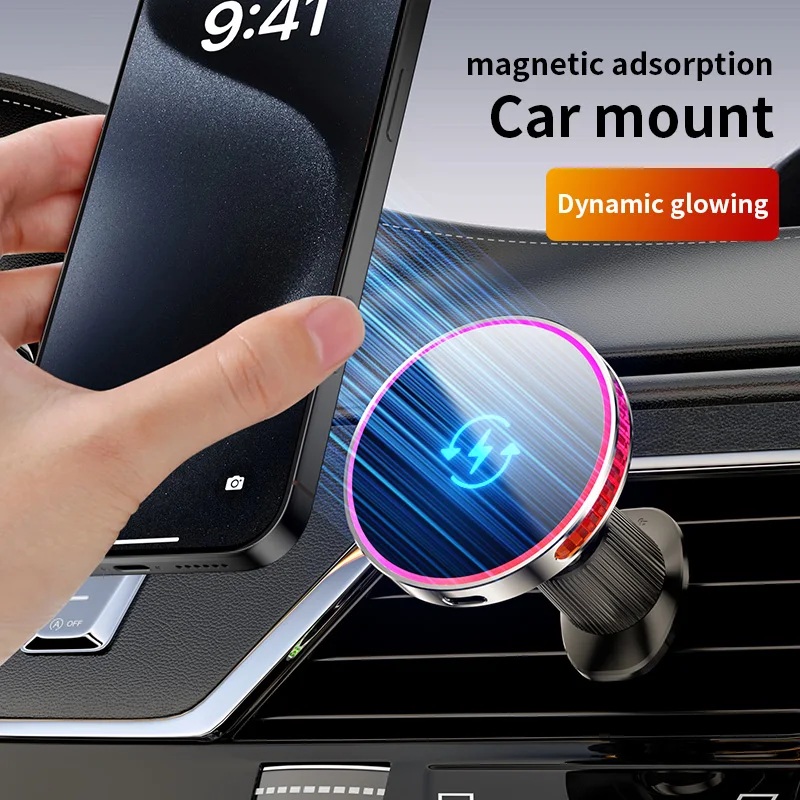 15W Wireless Charger Magsafe Car Phone Holder Aluminum Alloy Air Vent Magnetic Bracket 360° Rotation Phone Holders