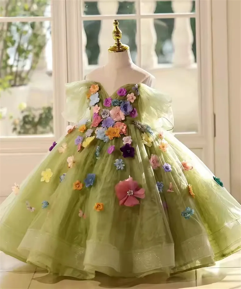 

Платья принцессы с цветами на день рождения, элегантное платье для девочек, зеленый эльфийский лес, детский хозяин, великолепный танцевальный пышный гарнир
