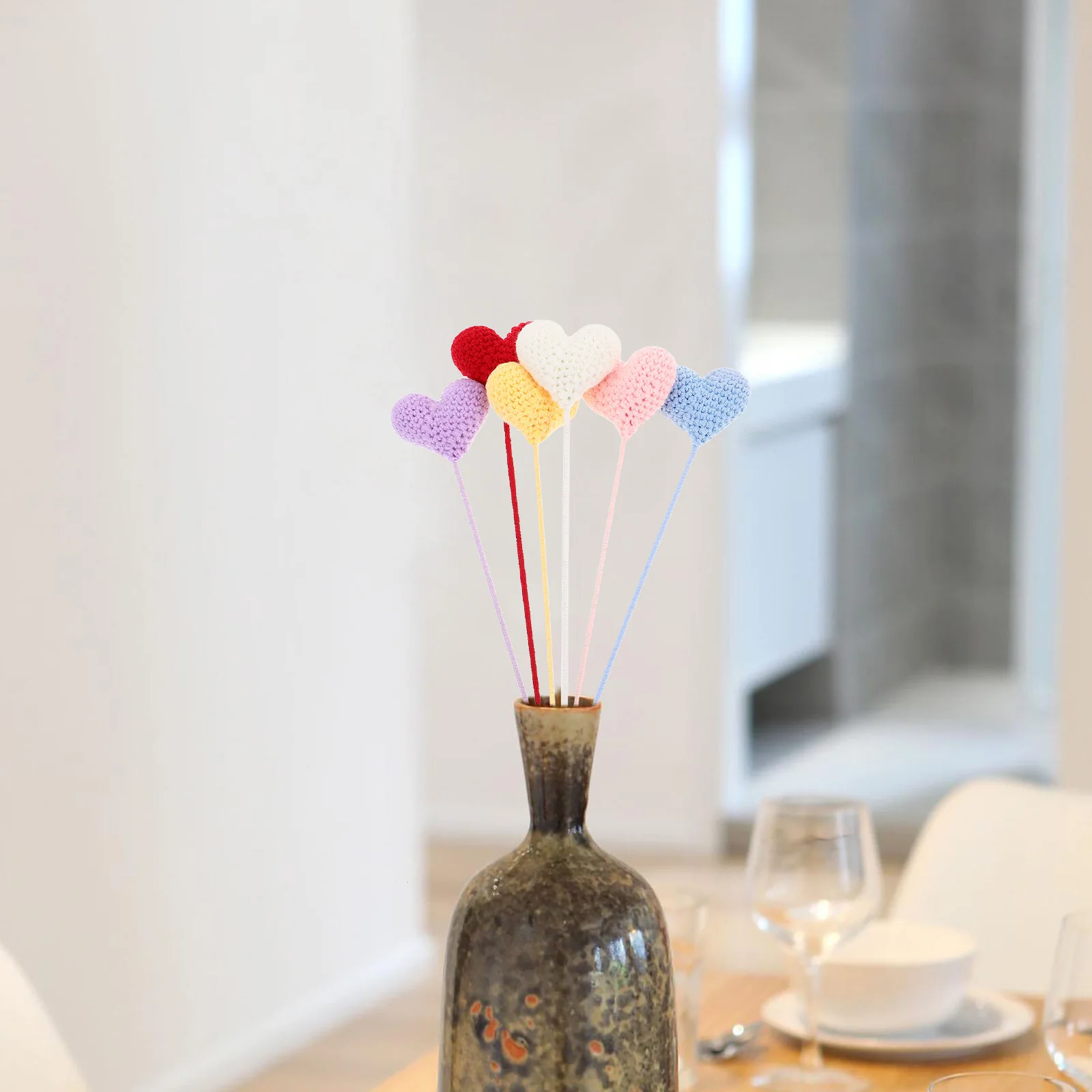 

6Pcs Crochet Heart Bouquet Handmade Knitted Flowers Stems Wedding Valentine Party Birthday Decoration Special Occasion