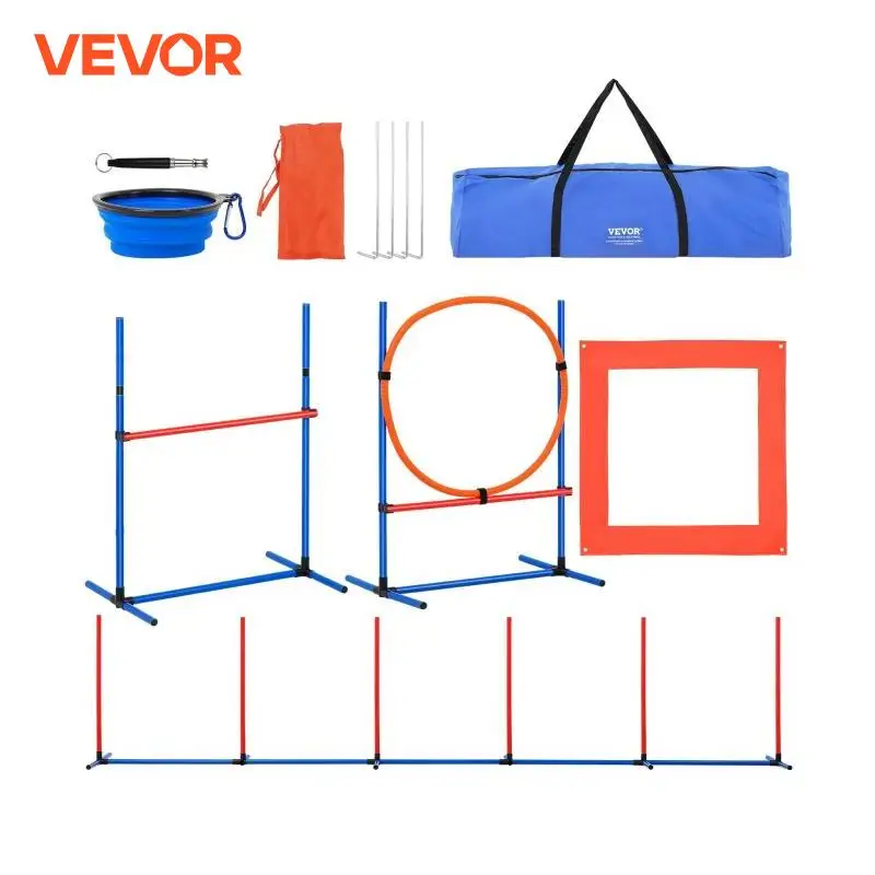 VEVOR Dog Agility Training Equipment 4 PCS Set with Adjustable High Hurdles 6 Weave PolesJump Ring Square Pause Box Whistle 