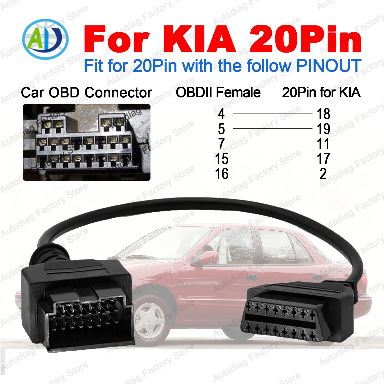 

For KIA 20Pin OBDII Diagnostic Cable 20Pin to OBD2 16Pin Auto OBD Diagnostic Connector Adapter Surpport K-Line Engine Diagnosis