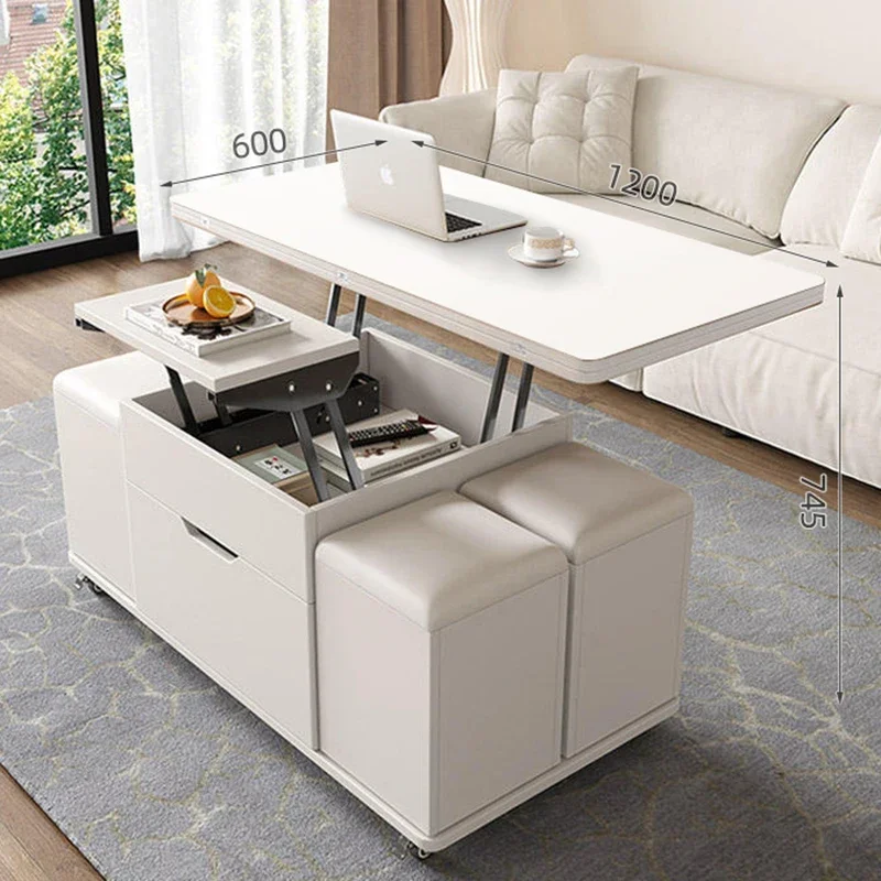 Modern Multifunctional Coffee Table Design Movable White Drawers Coffee Table Storage Wheels Sala Furniture