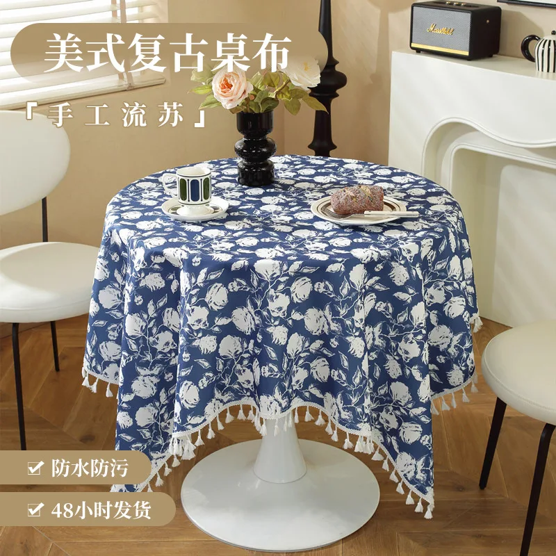 

Vintage American Style Water-Resistant Cotton Linen Flower Print Tablecloth with Fringe for Dining & Coffee Tables