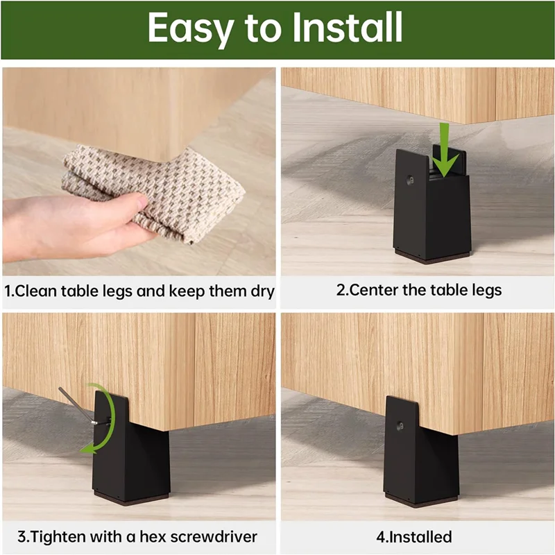 Elevadores de cama TKOH, bloques elevadores de escritorio ajustables de 4 pulgadas con abrazadera de tornillo, paquete de 4 elevadores de silla resistentes que se adaptan a anchas de 0-2 pulgadas Durab