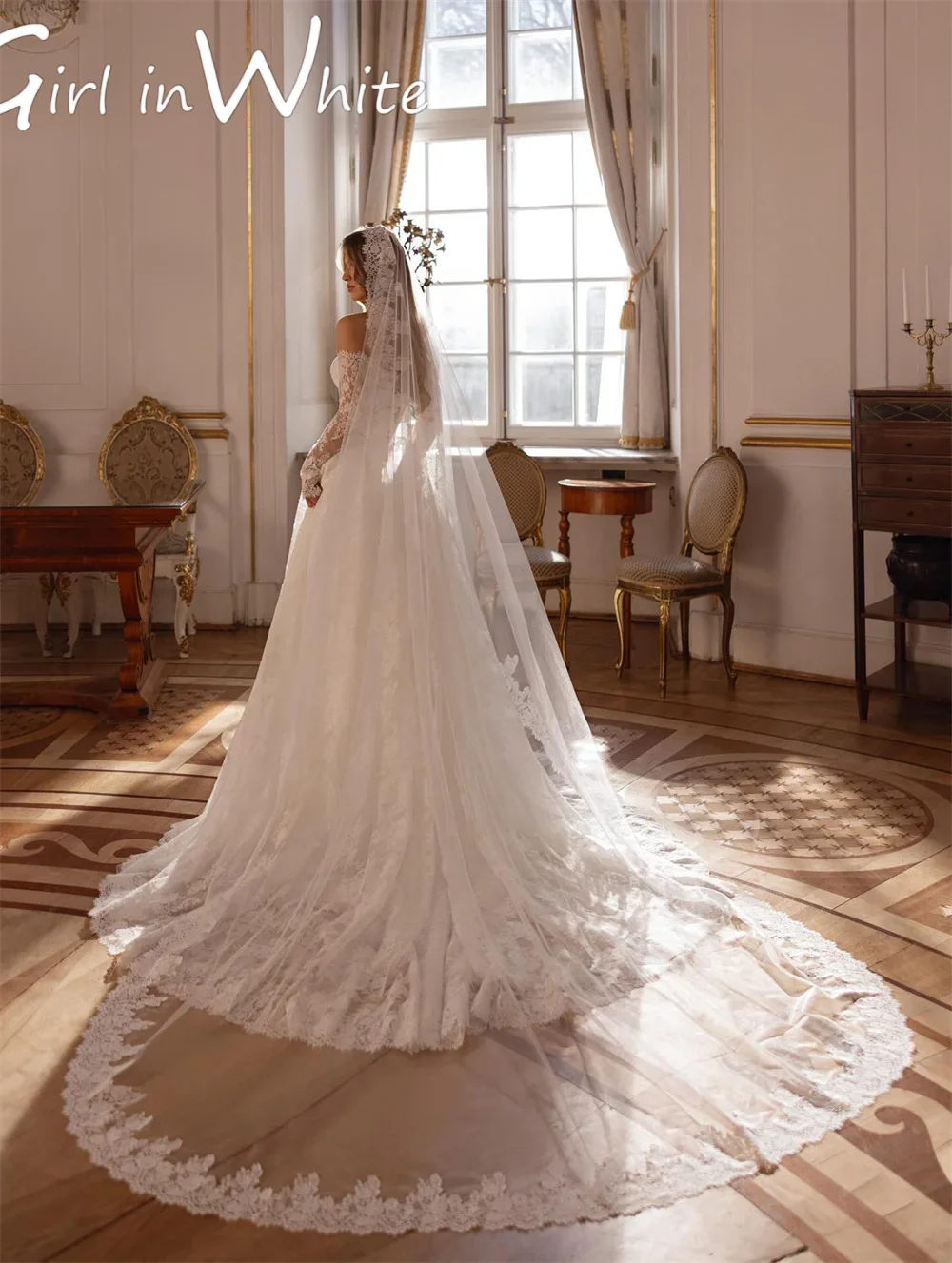 Sweetheart A-line Wedding Dress Lace V Neck Long Sleeves Sweep Train Appliques Backless Sweet Bridal Gown 2025 free customized