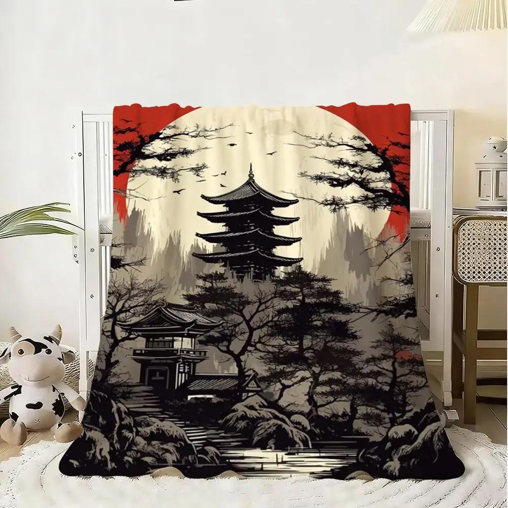 Japanese Landscape Throw Soft Flannel Blanket Warm Knee Skin-Friendly Throw for Sofa Office Bed Traveling Winter Oversize