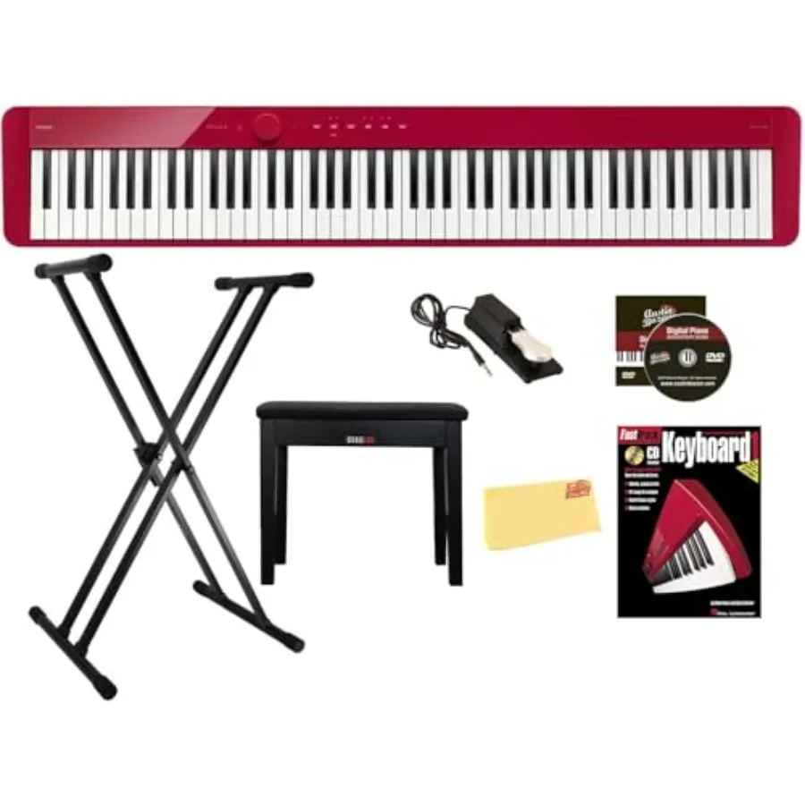 

Privia PX-S1100 Digital Piano Red Bundle with Adjustable Stand Bench Sustain Pedal Instructional Book Online Lessons Austin Baz