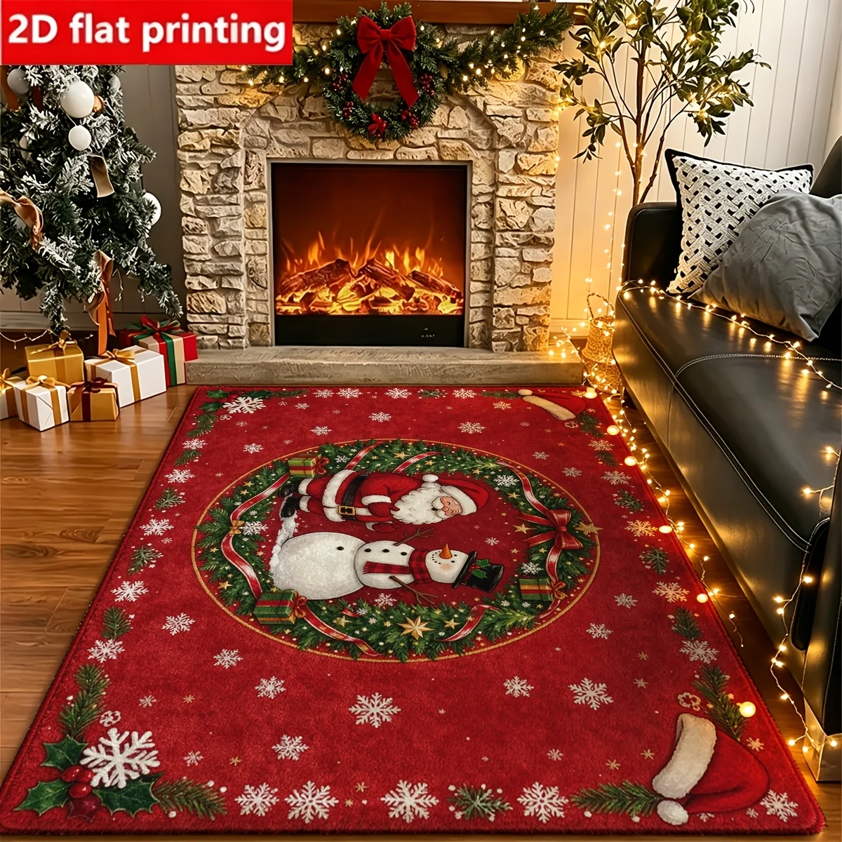 1pc 2D Flat Santa Claus Snowman Wreath Christmas Printed Floor Mat, Decorative Rug for Living Room, Bedroom, Home