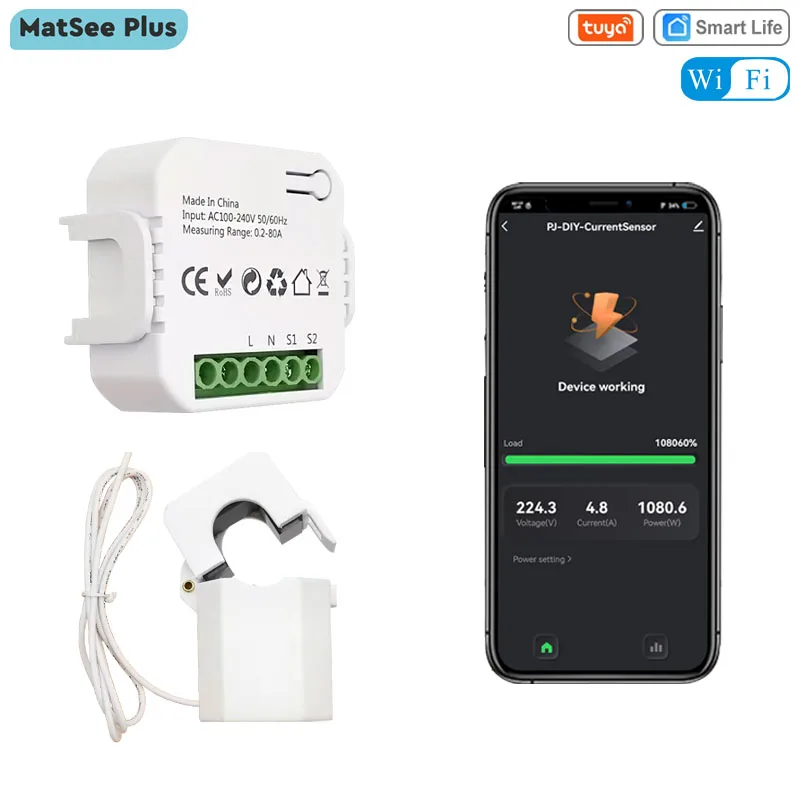 Medidor de Energia Digital Wifi com Grampo do Sensor de Corrente Tuya Smart Life App Monitor Potência de Voltagem 110v 240v 50hz 60hz 80a
