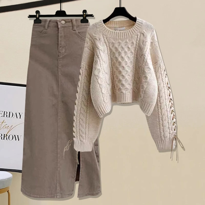 

Свободный женский осенне-зимний комплект 2024: новая модель, юбка и свитер с длинным рукавом, комплект из двух предметов для создания молодого образа