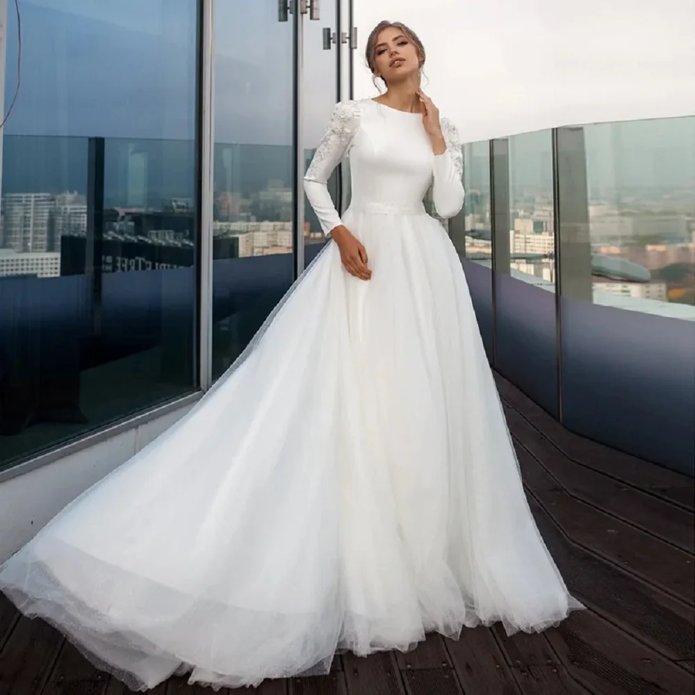 

LZPOVE Fashion Satin Wedding Dresses Full Sleeves Tulle Long A-Line Vintage Bridal Gown for Bride Robe Mariee Vestido De Novia