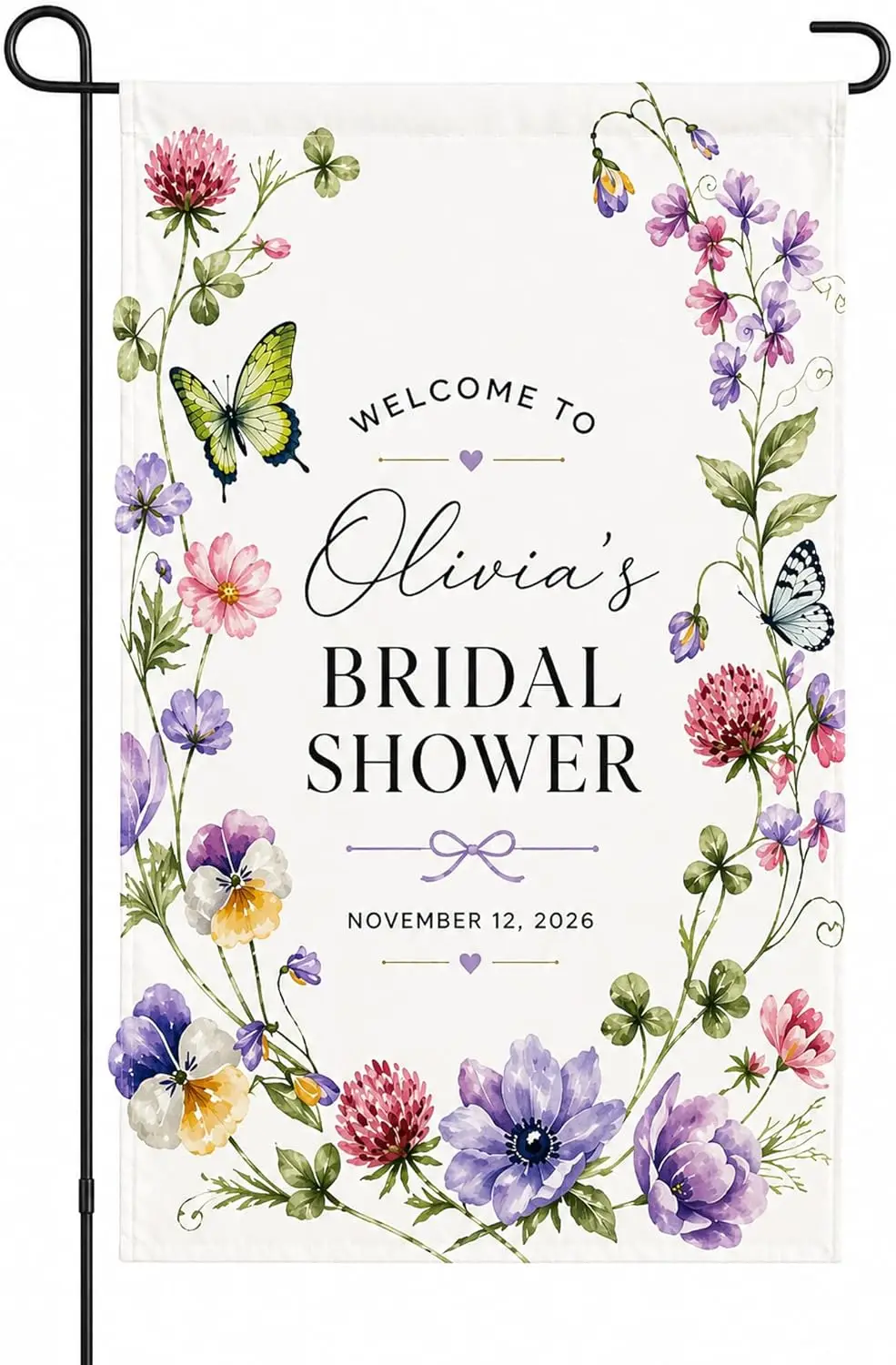 Personalized Bridal Shower Garden Flag, Custom Name Wildflower Bridal Shower Banner with Butterflies, Romantic Wedding Showe MMZ