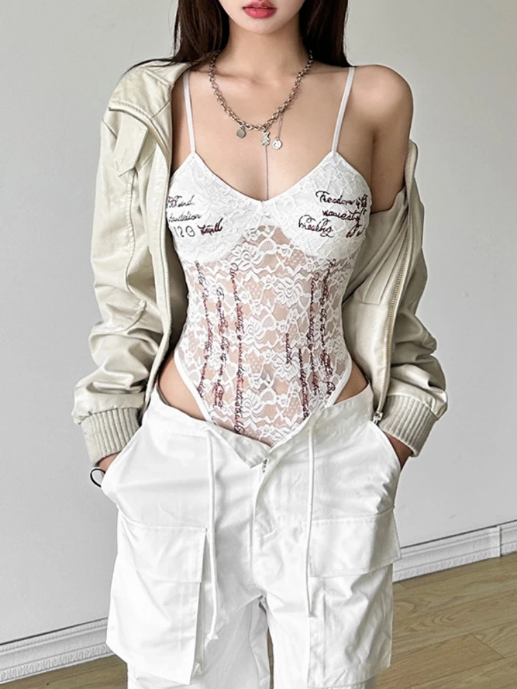 V-neck Bodysuit Lace Lingerie Sexy Top Women Streetwear Spaghetti Strap One-pieces Sleeveless Body Feminino Slim Fit Rave Outfit