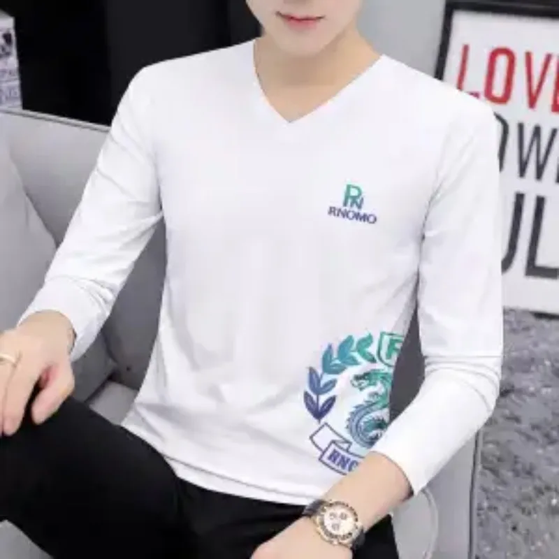 جديد الرجال طويلة الأكمام تي شيرت مطبوعة الربيع والخريف سليم القطن الأبيض قاع قميص الخامس الرقبة الأعلى