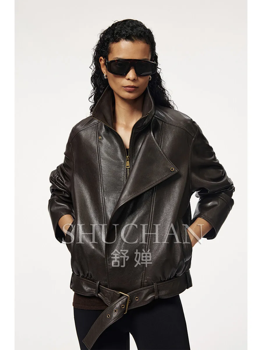 2026 Autumn Winter Jacket Women Imported Oil Wax Vegetable Tanned Leather Suede Retro Stand-up Collar Waist Leather Jacket Women
