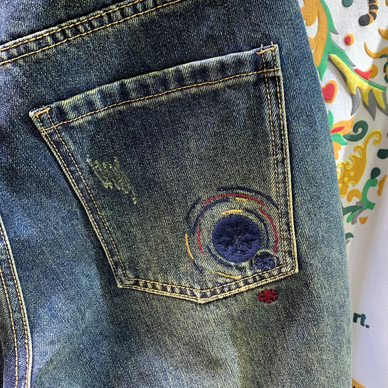 High Street Trendy Brand Retro Piercing Trendy Embroidered Jeans Men's Four Seasons Loose Large Straight Leg Pants