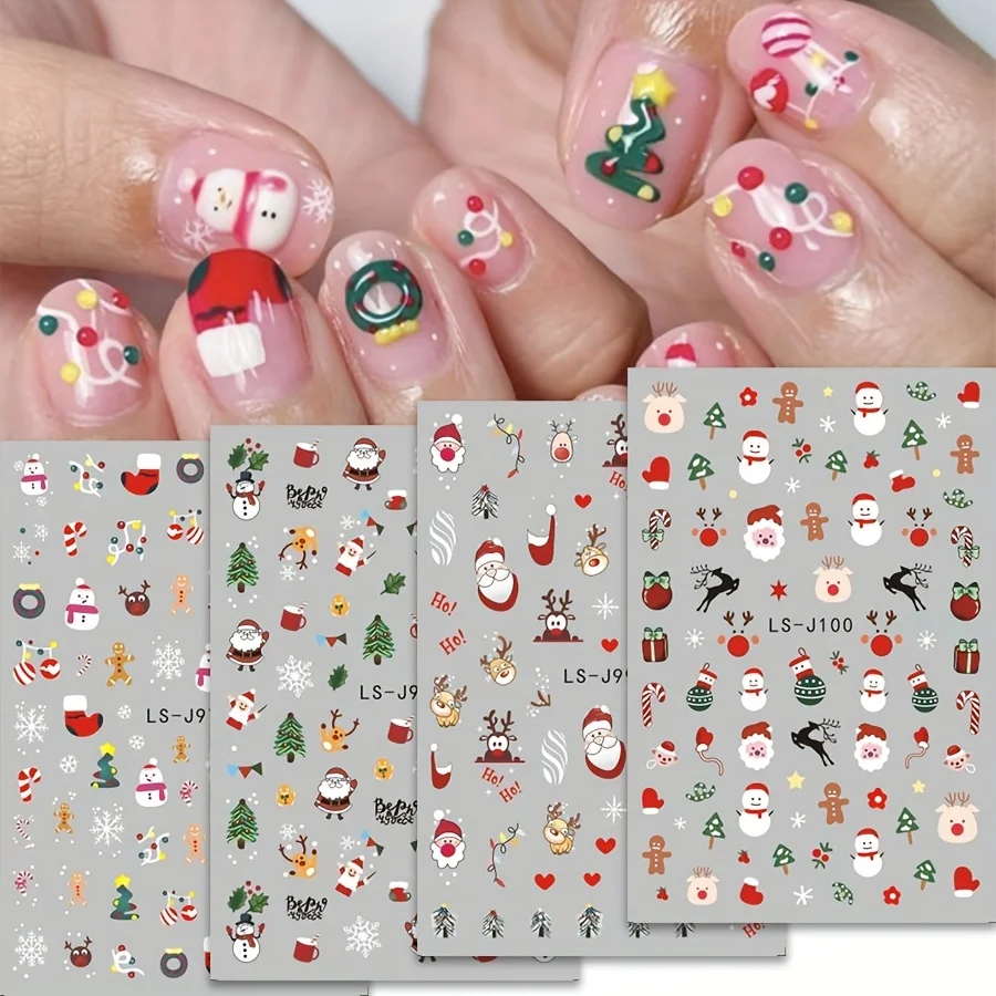4 قطعة ملصقات أظافر عيد الميلاد ، كارتون سانتا كلوز ، هدية عطلة شجرة عيد الميلاد ، ملصقات أظافر الغراء الخلفي LS-J97-100 #3