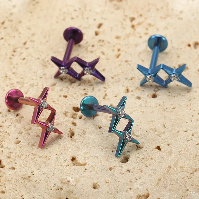 ZOOR F136 التيتانيوم مزدوجة ستار قرط الاذن المرصع 16 جرام 18 جرام النجمي تشيكوسلوفاكيا شقة الظهر Labret مسمار الغضروف اللولب الزنمة أنودة ثقب