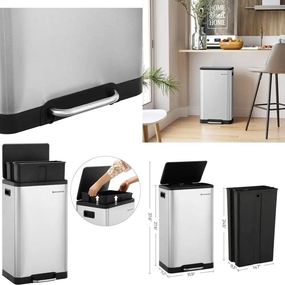 

12-Gallon Stainless Steel Pedal Trash Can with Plastic Inner Bucket, Lid, and Soft Closure for Kitchen or Living Room
