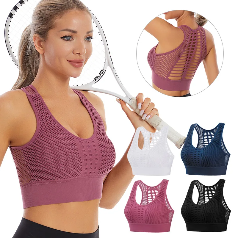 Plus Size Women's Sports Bra Sexy Mesh Back Racerback Yoga Bra Removable Pads Wirefree Breathable Gym Fitness Top