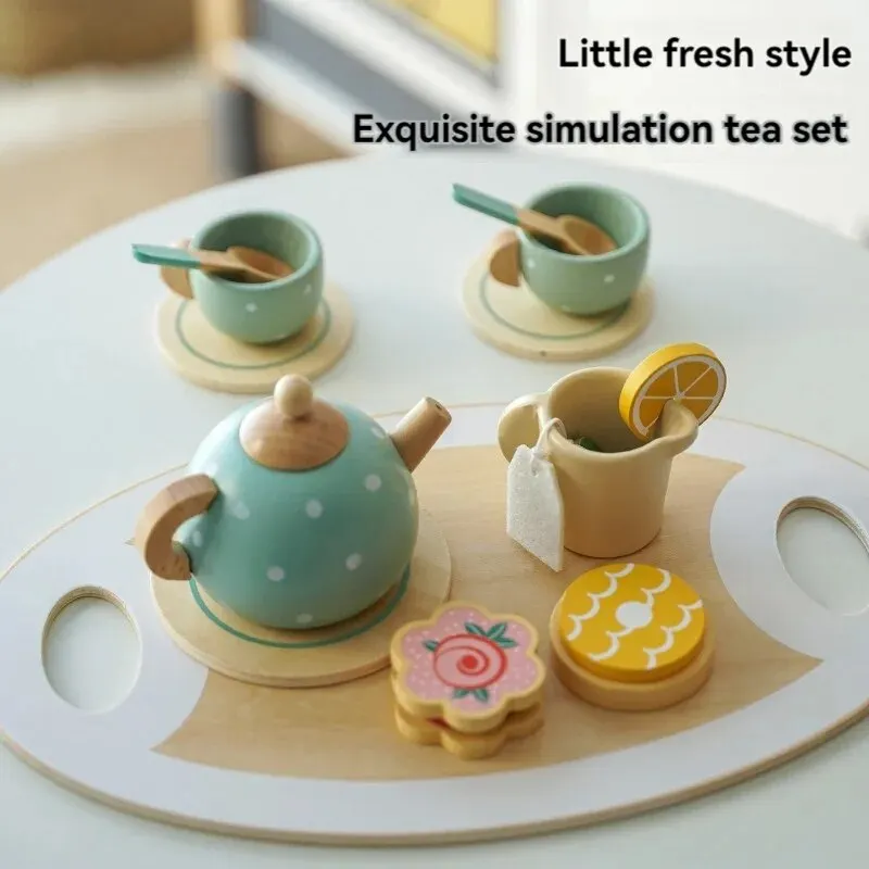 Wooden Children Play Home Early Education Simulation Afternoon Tea Dessert Cake Tea Set Selling Role Play Educational Toys