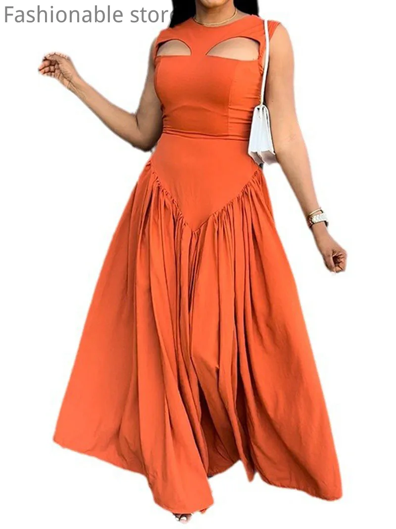 Women Sexy Solid Color Round Neck Hollow Out Sleeveless High Waist Big Swing Maxi Dress