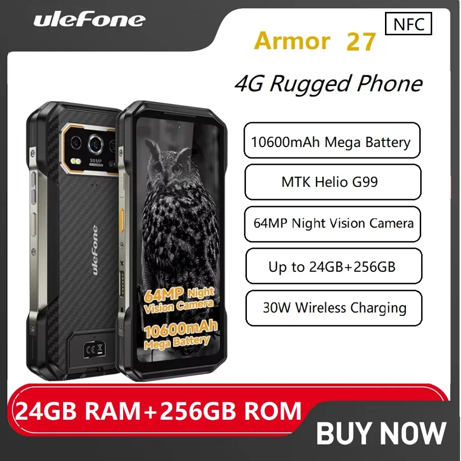 Прочный смартфон Ulefone Armor 27 4G, Android 14, 24 ГБ + 256 ГБ, 6,78 дюйма, FHD, 120 Гц, 10600 мАч, 64 МП, телефон ночного видения, NFC, слот для 3 карт