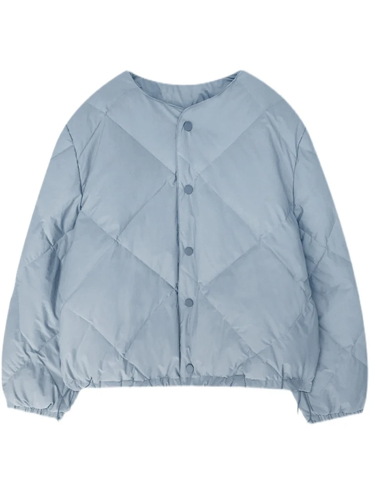 Blue Short down Jacket Women's Winter New Design Small Size INS Cotton Bread Style Outerwear Thickened Long Sleeve round Neck
