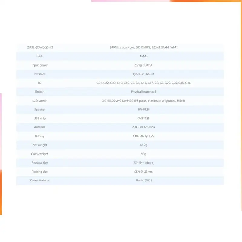 A92Z Esp32 مجموعة تطوير المجموعة الأساسية الأساسية V2.7 2 بوصة كامل اللون HD Ips عرض المدمج في مكبر الصوت فتحة بطاقة Tf