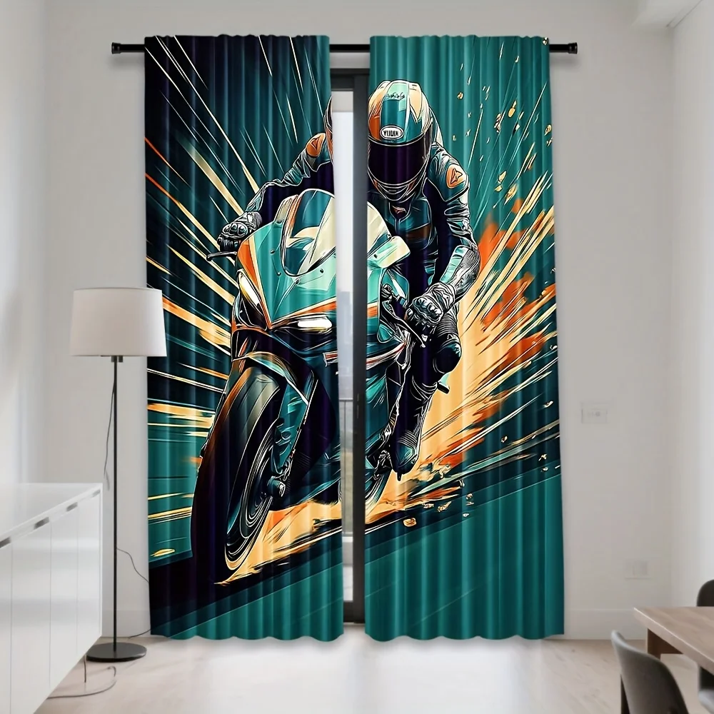 Motorcycle Racing Curtains, Cool Biker Graphic Window Drapes, Speed Motion Art Decor, Blackout Fabric for Boys Bedroom