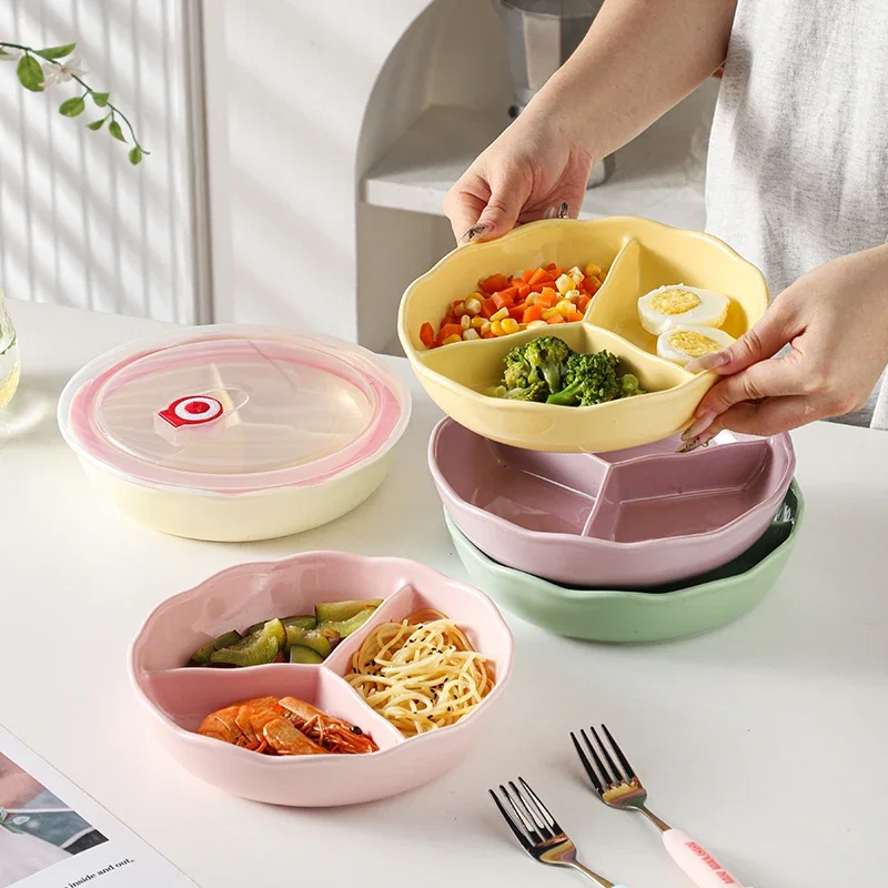 Creamy Style Ceramic Divided Plate Bowl Adult Fat Reduction Quantitative Personal Three Grids Covered Plate Partition Dinner ...