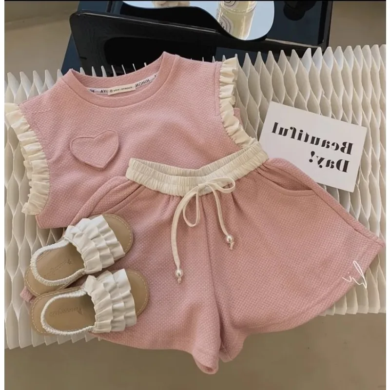 Baby Girls' Set Three-dimensional Heart-shaped Lace Cuff Top with Shorts 20026 Summer Outfit New Style