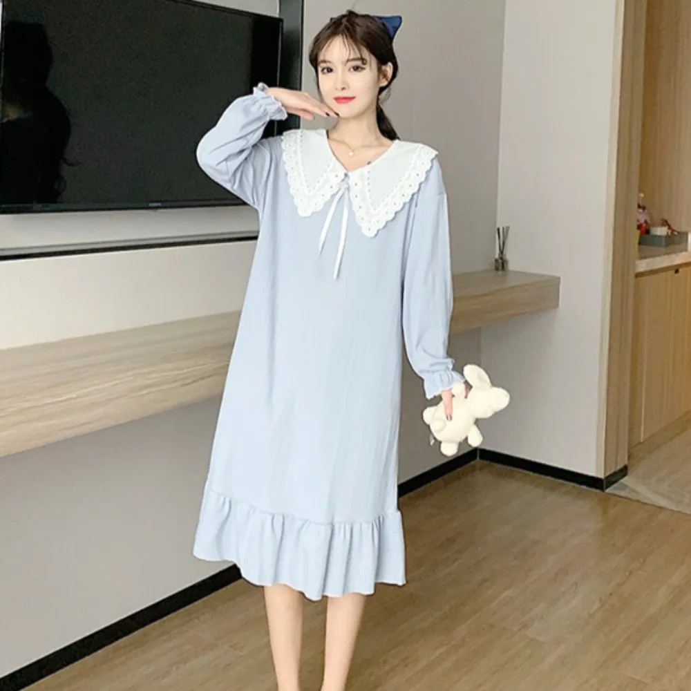 Women Nightgowns Peter Pan Collar Homewear Long Sleeve Lace Up Skin-friendly Sweet Girls Hollow Out Comfortable Fashion Ulzzang