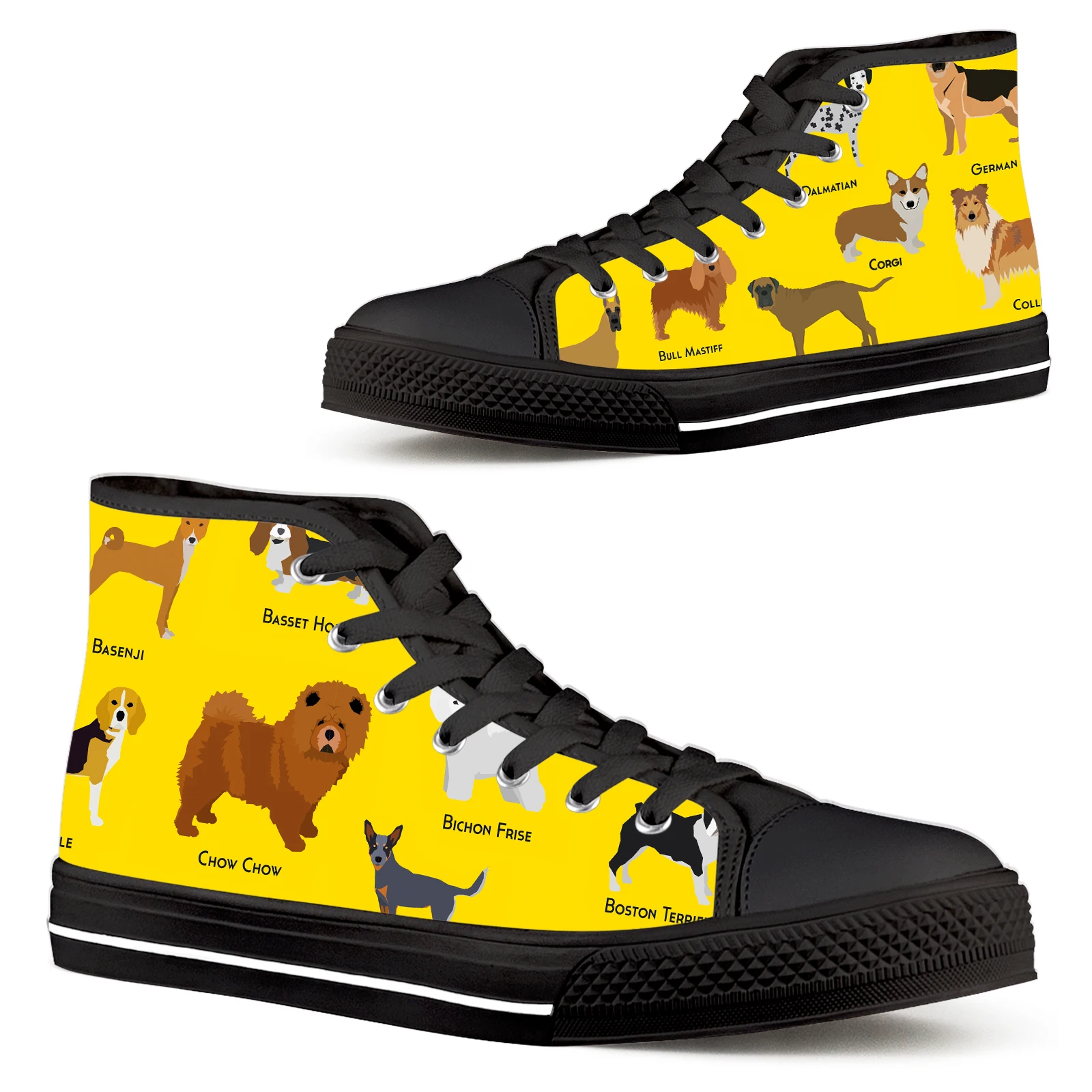 ELVISWORDS Cartoon Bulldog Shepherd Dog Yellow High Top Canvas Shoes For Girls Women Corgi French Bulldog Tennis Shoes Zapatos