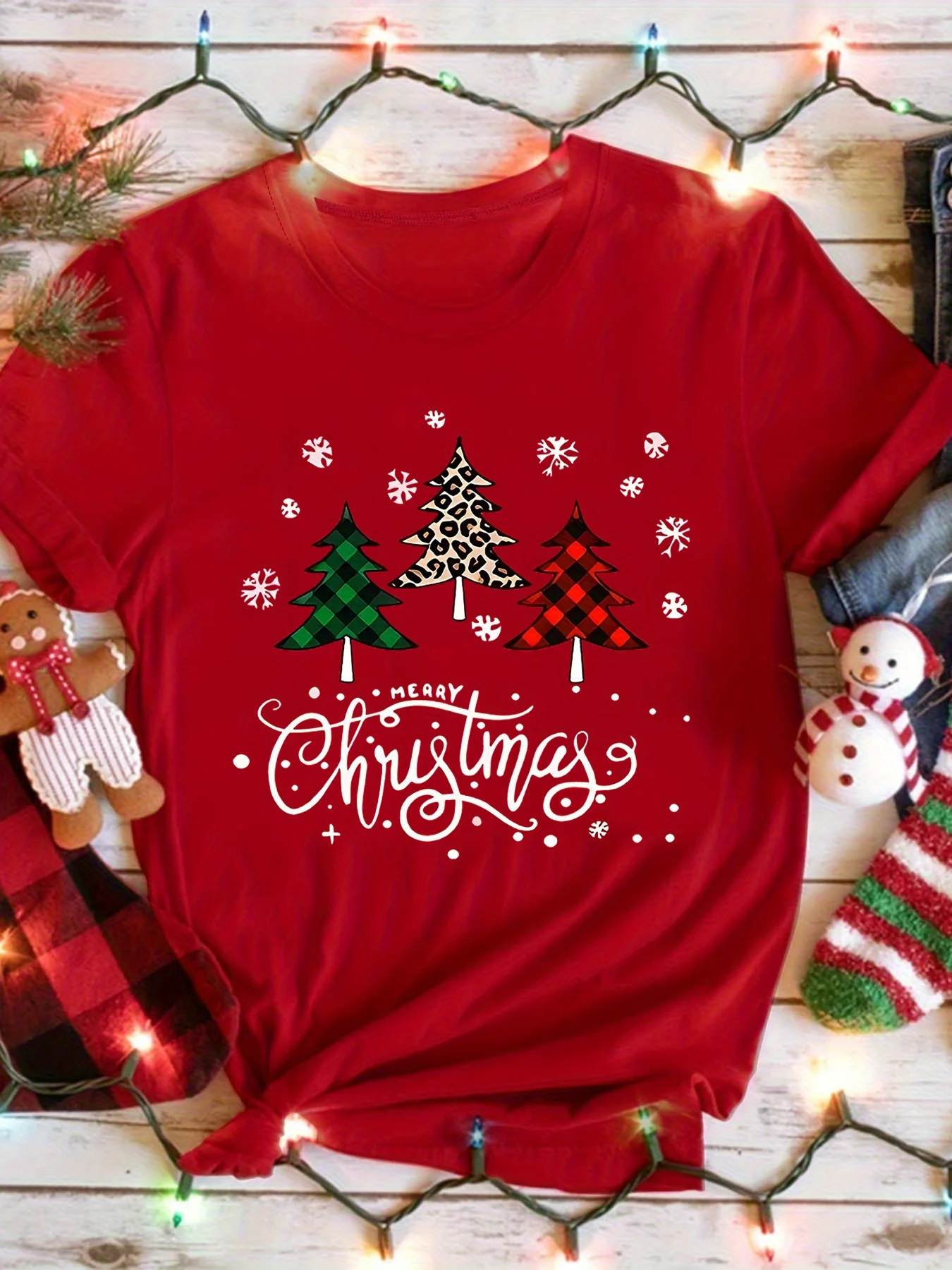 Red Christmas-Themed Design Adorned with Plaid and Checkered Trees Snowflakes Candy and Word 'Merry Made From Stretchy Fabric