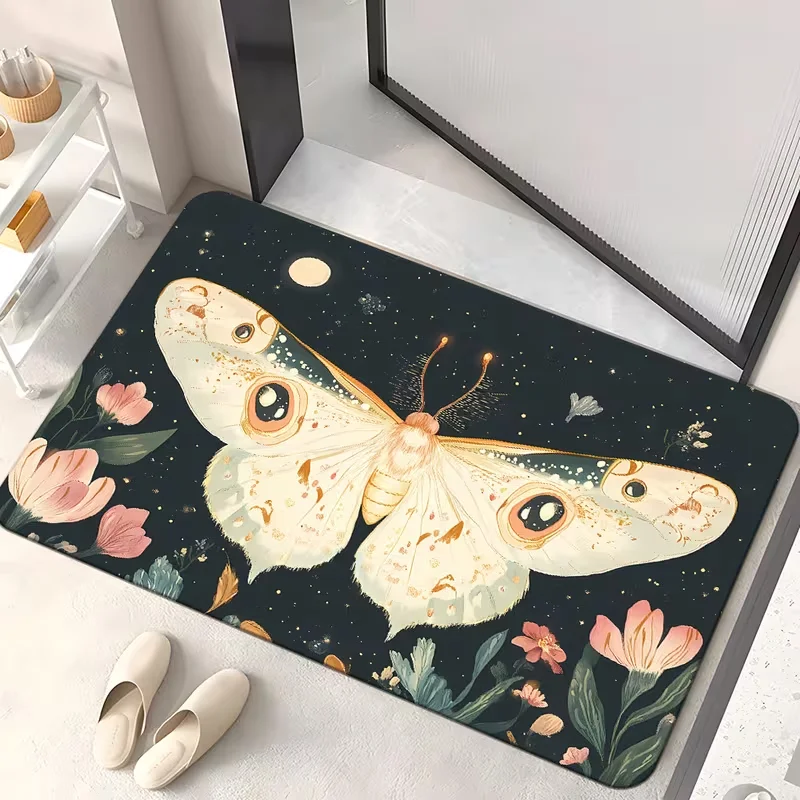 Gothic Witchy Moon Star Pattern Doormat Antique Floral Frame Celestial Floor Rug for Front Door Bedroom