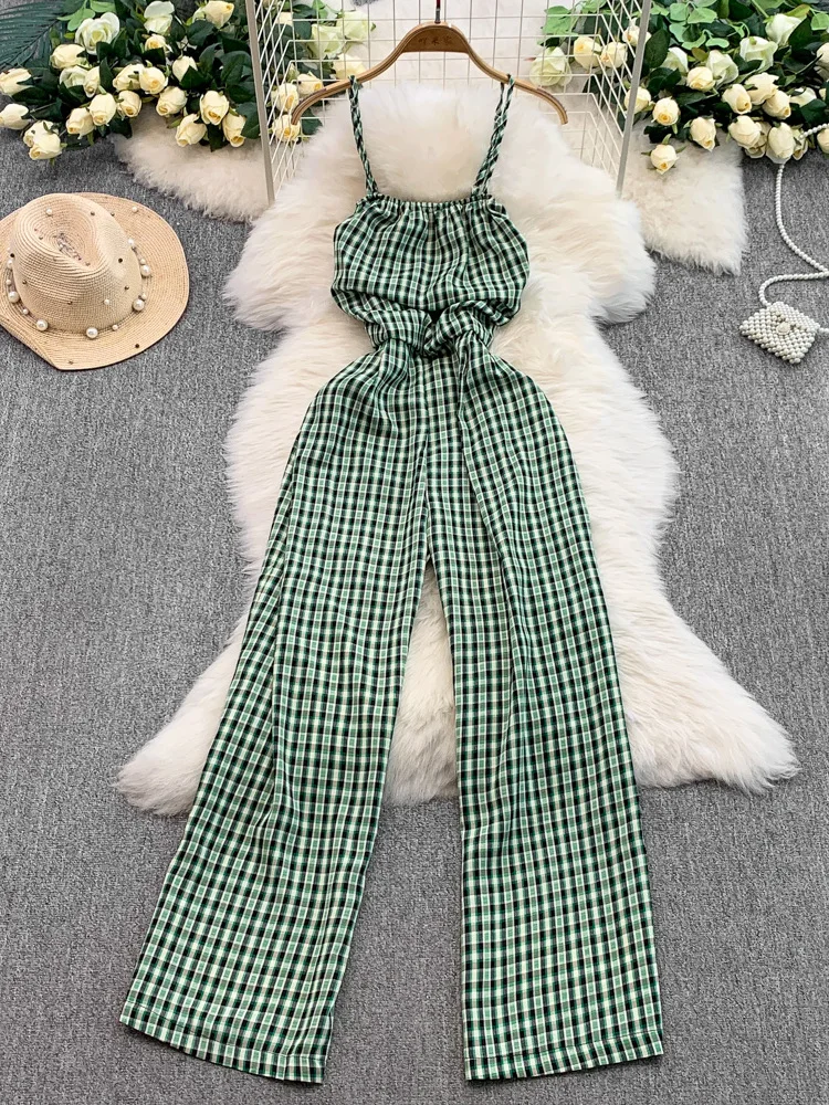 

Summer New Plaid Wide Leg Pants Women's Casual Loose Elastic Waist Slimming Straight Cut One-Piece Suiting Commute Sle
