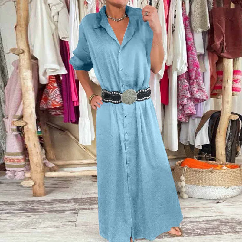 ฤดูใบไม้ร่วงแขนยาวเสื้อกระดุมแถวเดียวชุดผู้หญิง Elegant Turn-Down COLLAR ชุดยาวฤดูใบไม้ผลิ Casual Bohemian Maxi ชุด