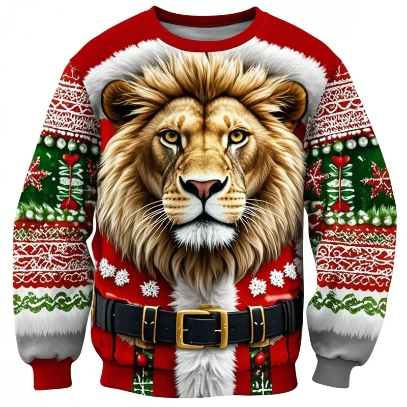 Men's Lion Graphic Ugly Christmas Sweater Fashion Animal Print Pullover Casual  Hip Hop Unisex Xmas Men's Top