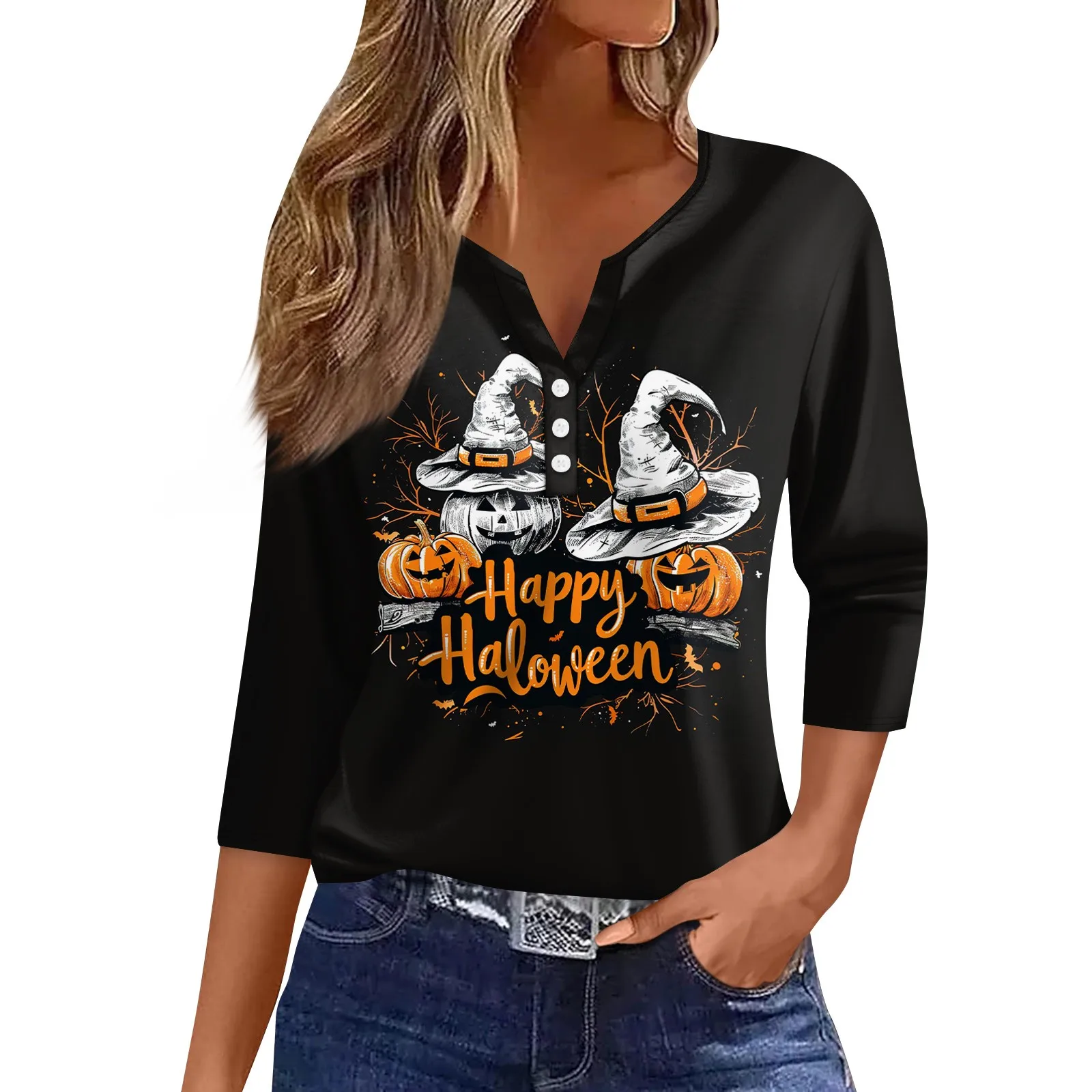 Women\'s Happy Halloween printed T Shirt Tee Print Button 3/4 Sleeve Daily Weekend Fashion Basic V Neck Regular Women\'s blouse