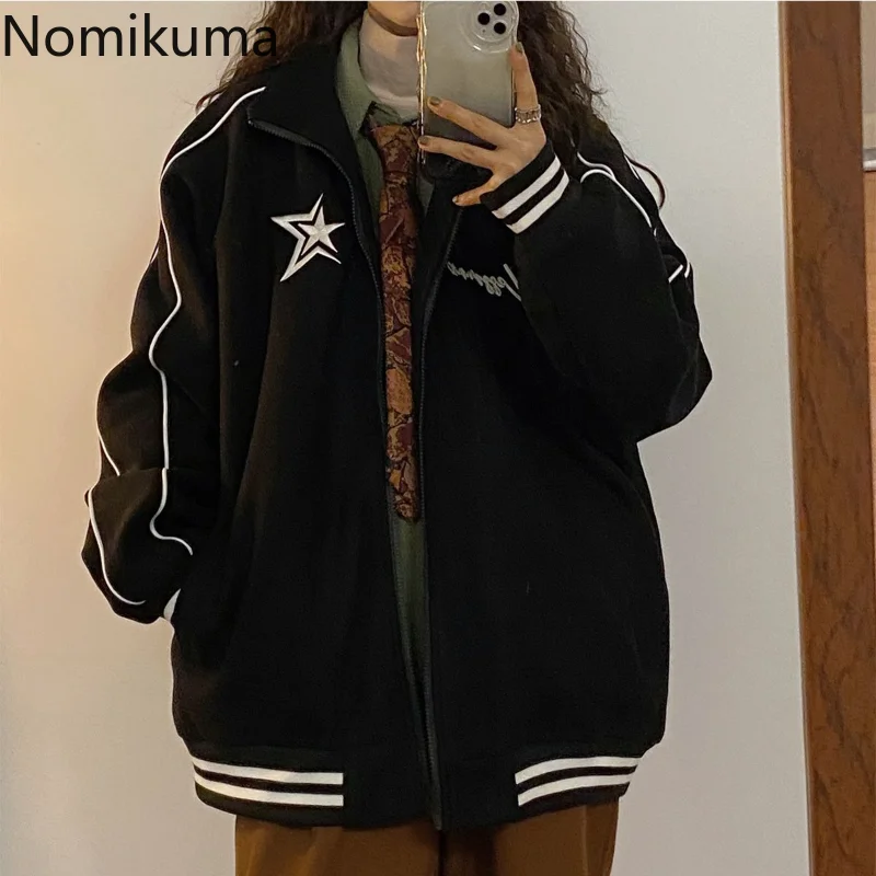 Nomikuma Jackets for Women 2022 Star Letter Embroidery Stand Neck Thick Warm Chaqueta Retro Harajuku Street Fashion Veste Femme