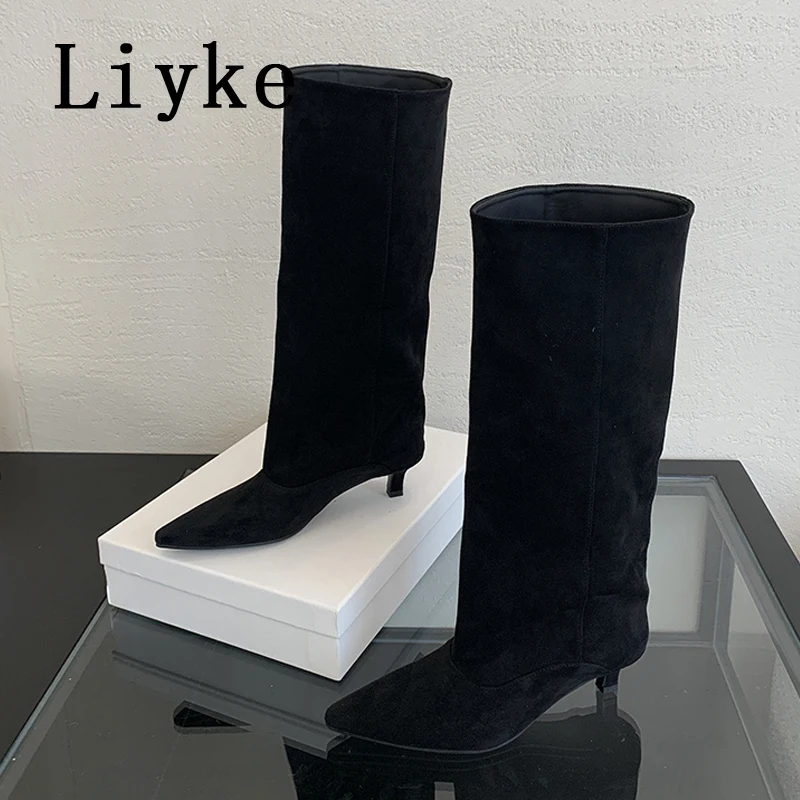 Liyke 2026 New Sexy Pointed Toe Knee High Boots Women Autumn Winter Low Thin Heels Pumps Cozy Ladies Party Long Shoes Size 35-40