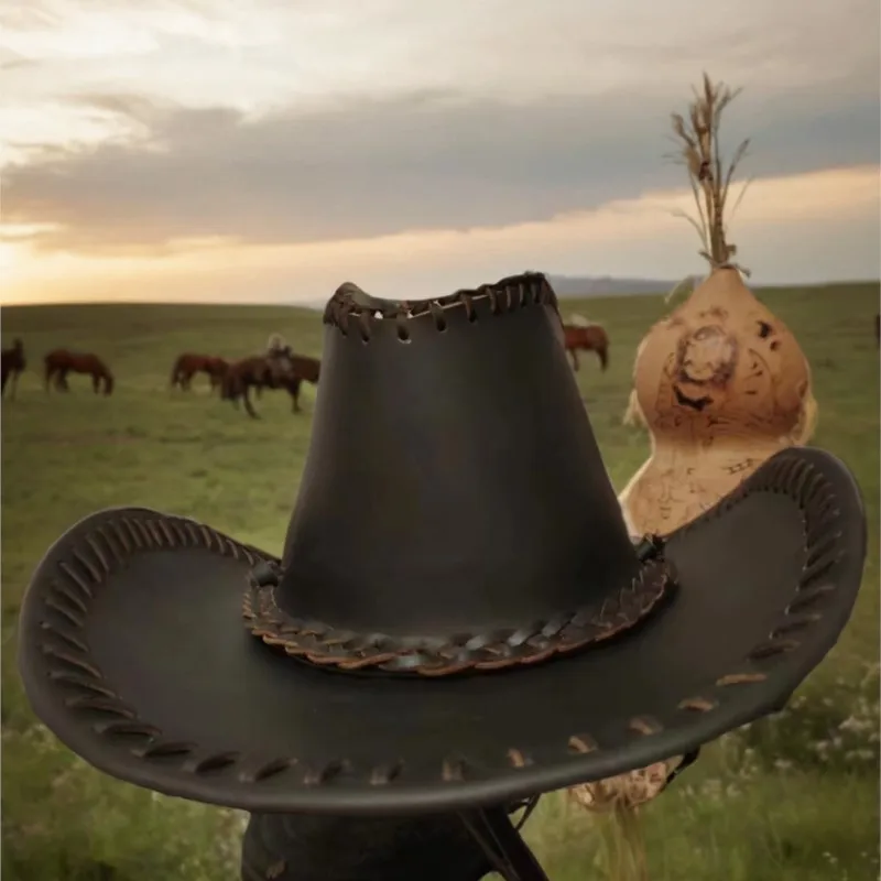 

Leather handmade cowboy hat cowhide riding visor large brim