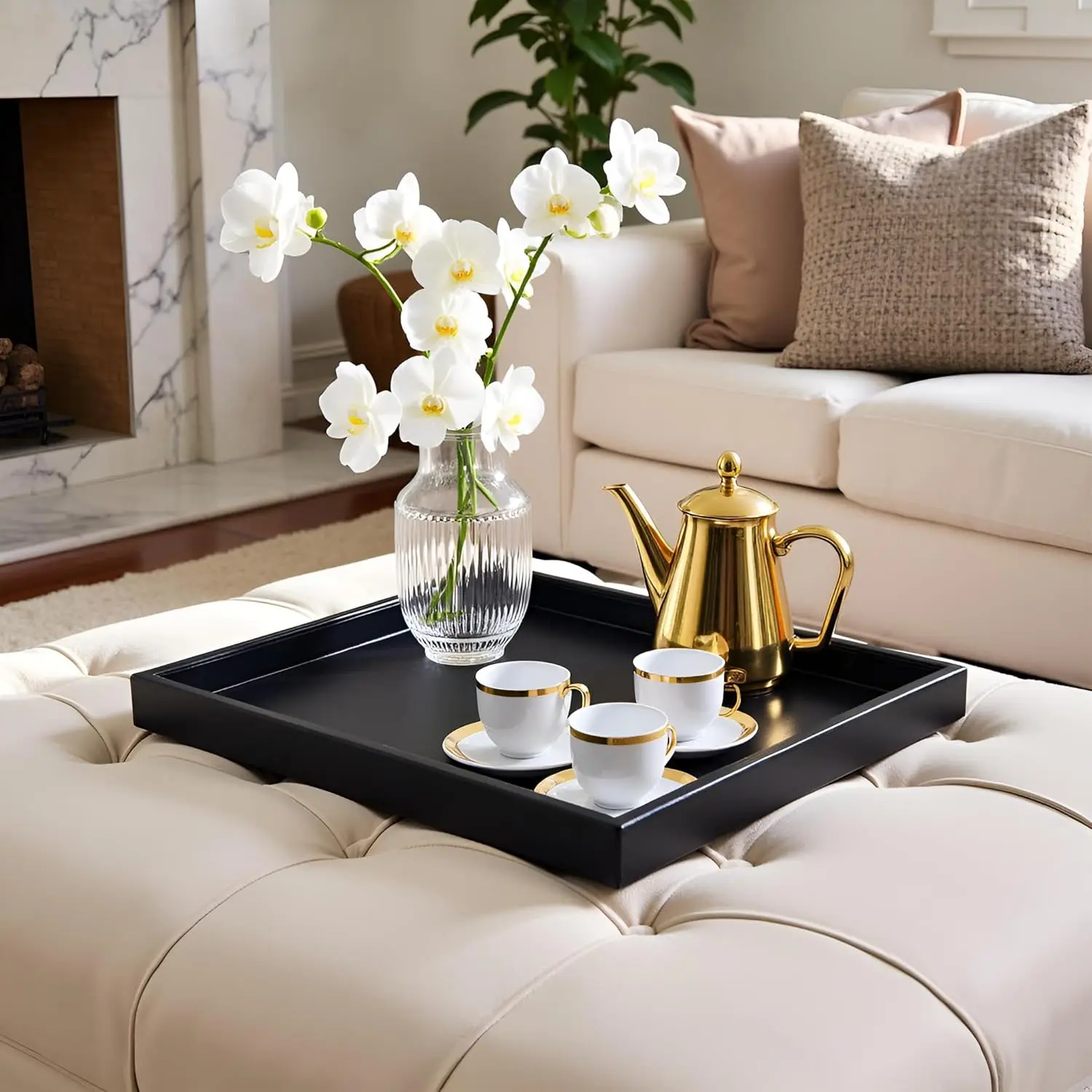 

20x20 Inch Large Leather Serving Tray, Ottoman & Coffee Tray for Home Dining, Picnics & Parties in Black