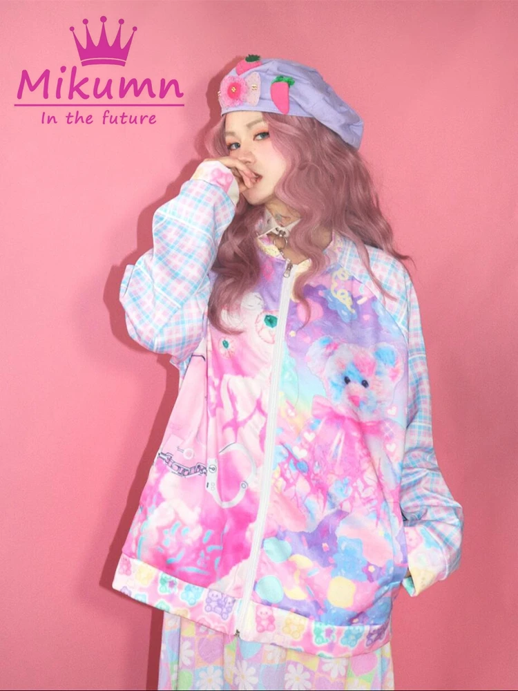 Mikumn Harajuku Y2k Baseball Jacket Women\'s Autumn Loose Japanese Kawaii Cute Cartoon Printed Casual Coat Sportswear Streetwear