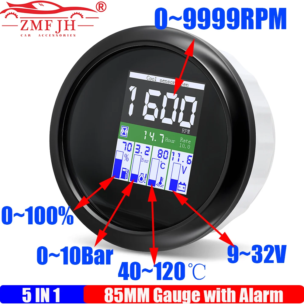

Marine Boat Auto Car Digital 0-9999RPM Tachometer+Fuel Level Gauge+Water Temperature+Oil Pressure+Voltage MultiMeter Waterproof
