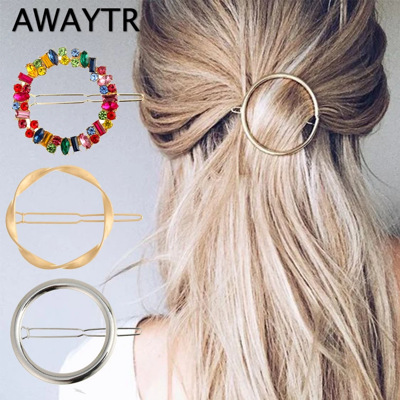 Metal Hair Clip Elegant Round Barrette Color Crystal Hairpin for Women Girls Sweet Gold Hairpins Barrettes Hair Accessories