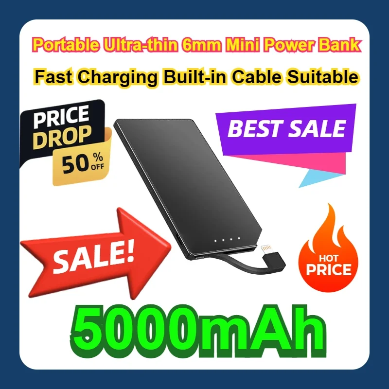 For IPhone Xiaomi Mini Power Bank Portable Ultra-thin 6mm Mini Power Bank 5000mAh Fast Charging Built-in Cable Suitable