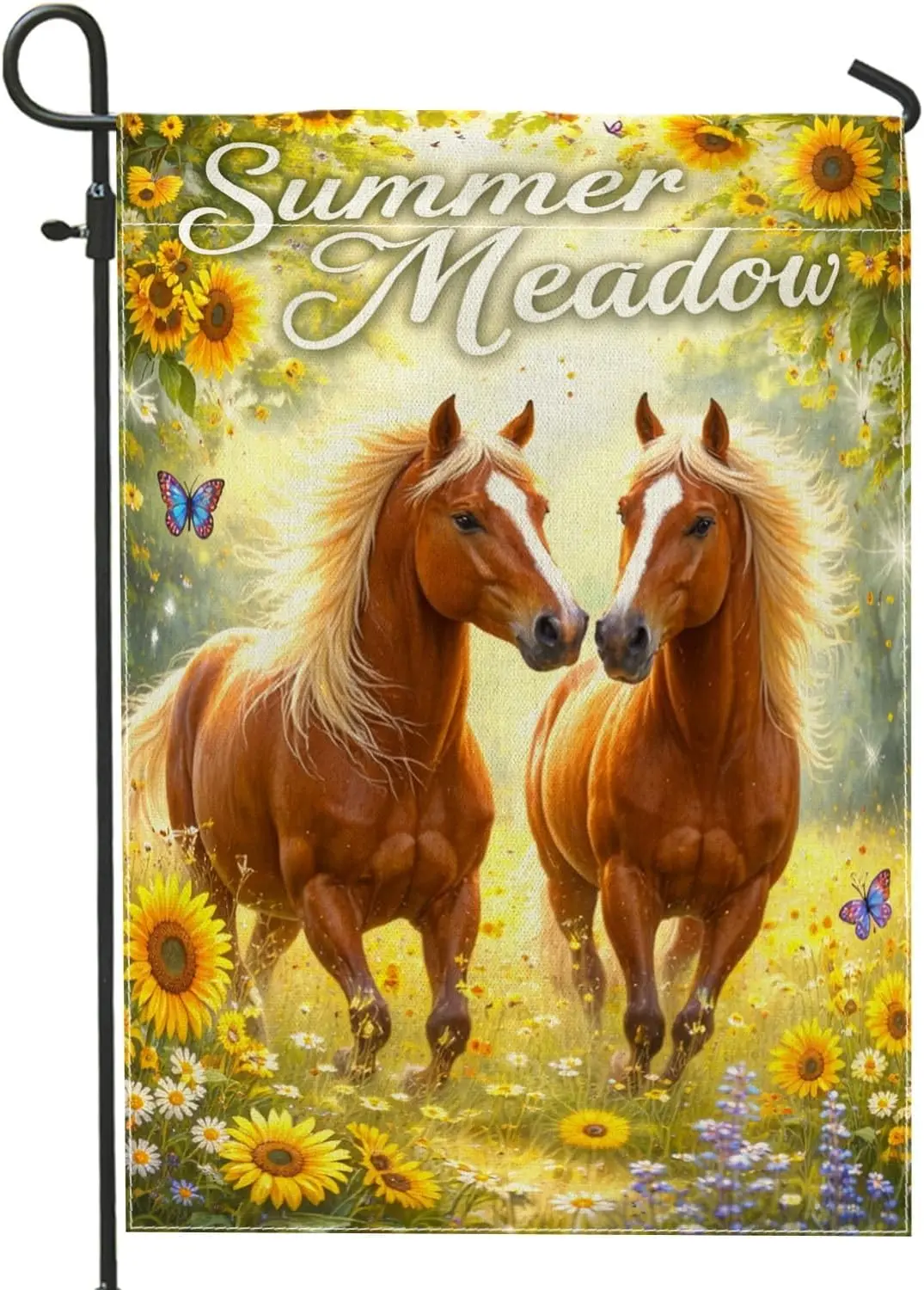 Horses Garden Flag, Summer Nature Sunflowers Butterflies Summer Yellow Burlap Double Sided Yard Decorative Flags for Outdoor PPZ